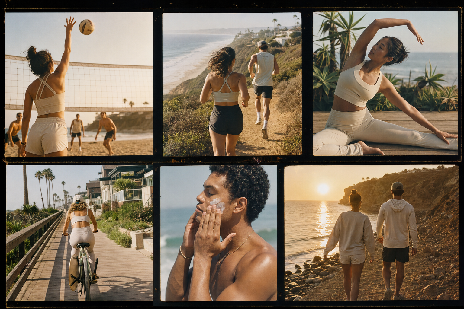 Six frame creative mood board showing movement, sun care and a summer day outdoors