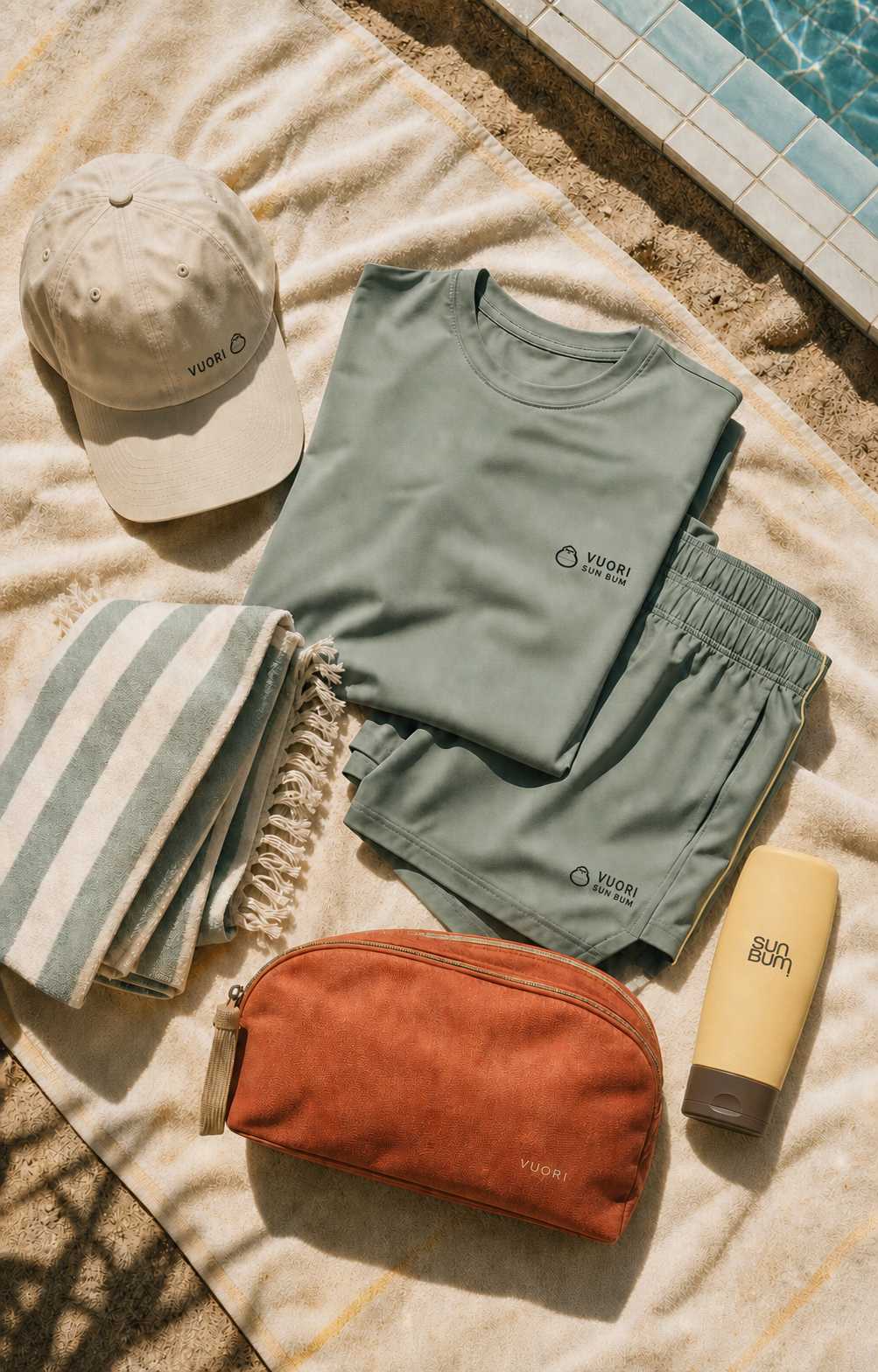 Speculative Vuori and Sun Bum Long Day Kit featuring co-branded activewear, cap, towel, pouch and sunscreen