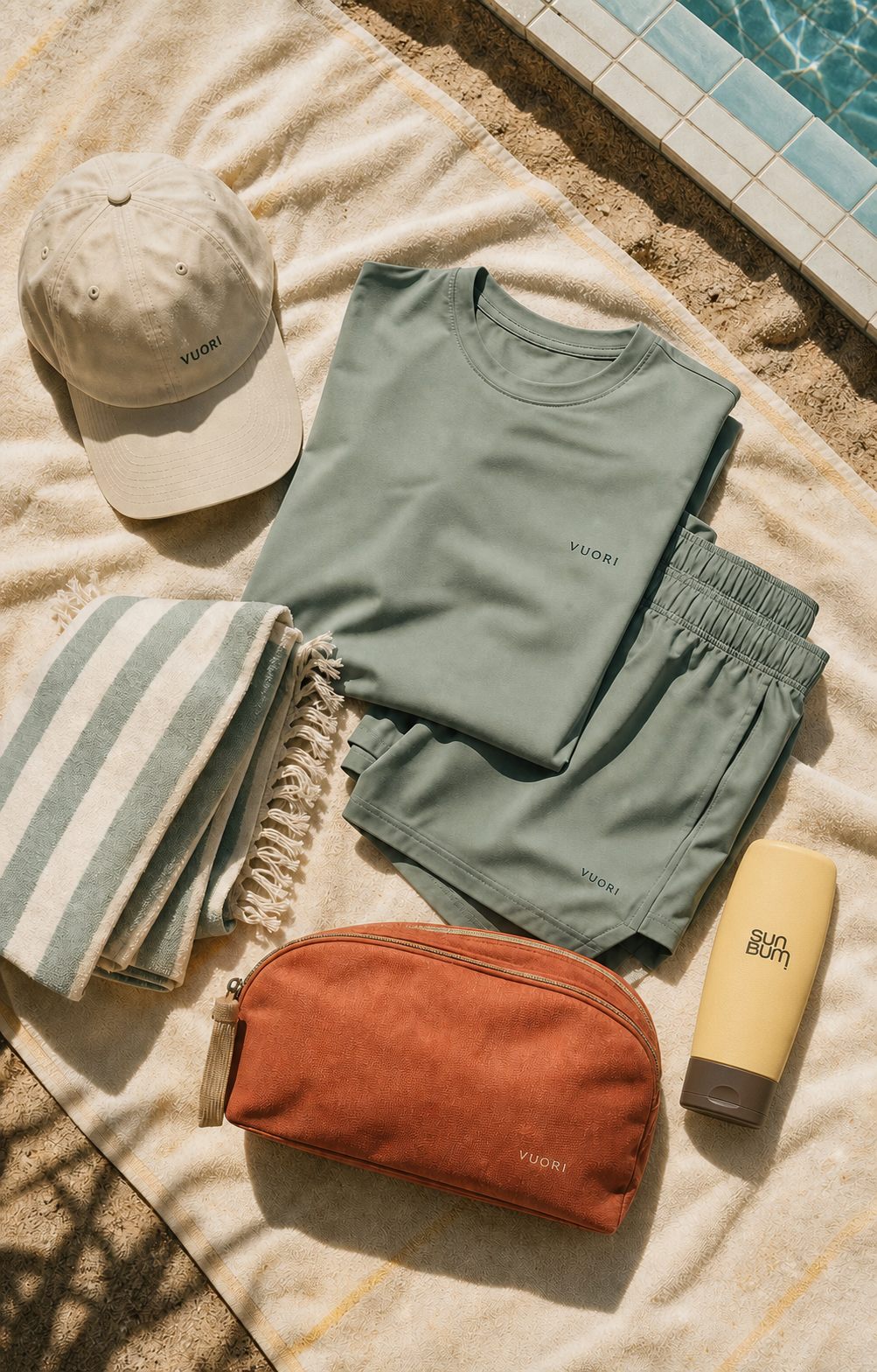 Speculative Vuori and Sun Bum Long Day Kit with activewear, cap, towel, pouch and sunscreen